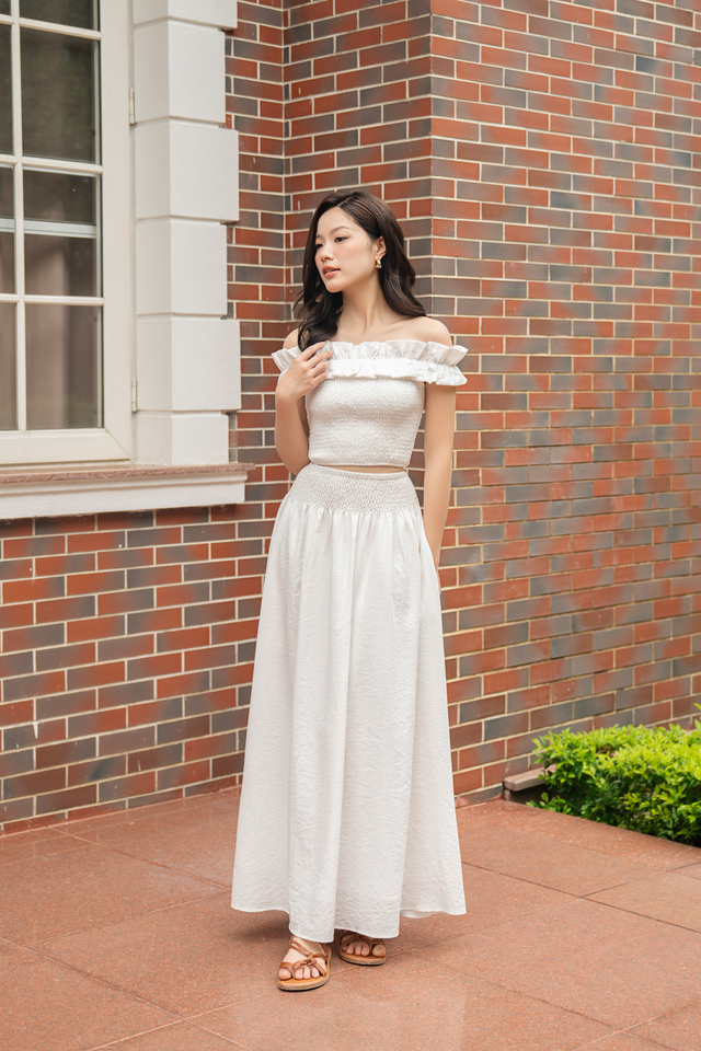 BRIT SMOKED WAIST MAXI SKIRT (WHITE)