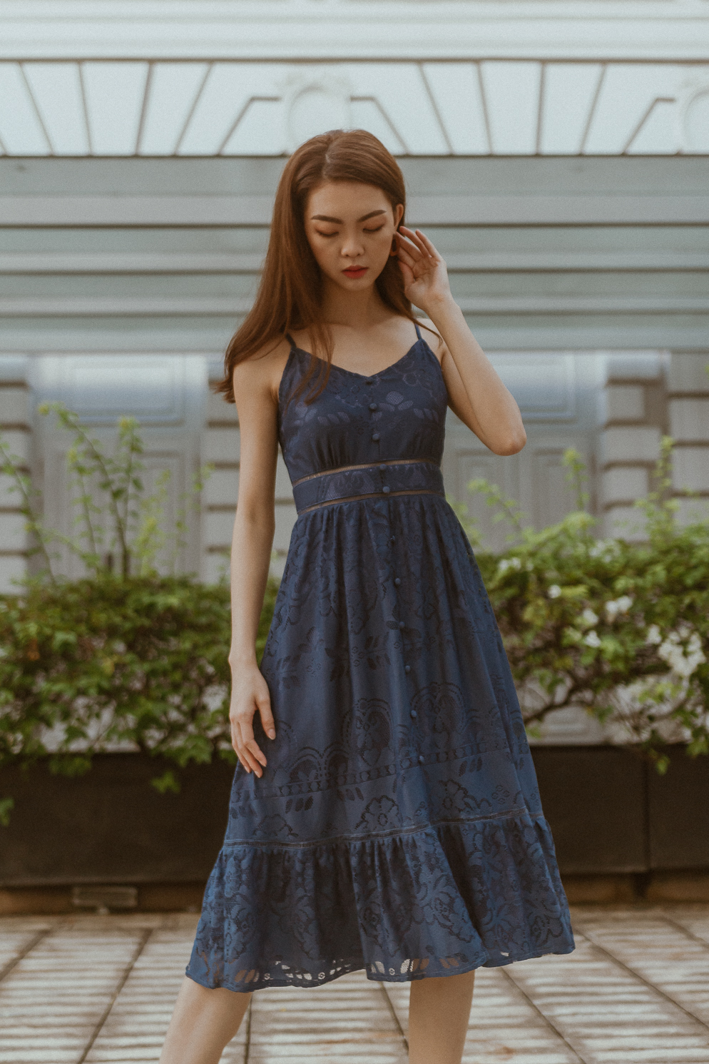 dusty blue lace midi dress Pretty Little Thing + Dusty Blue Lace Ruffle Detail Midi Dress