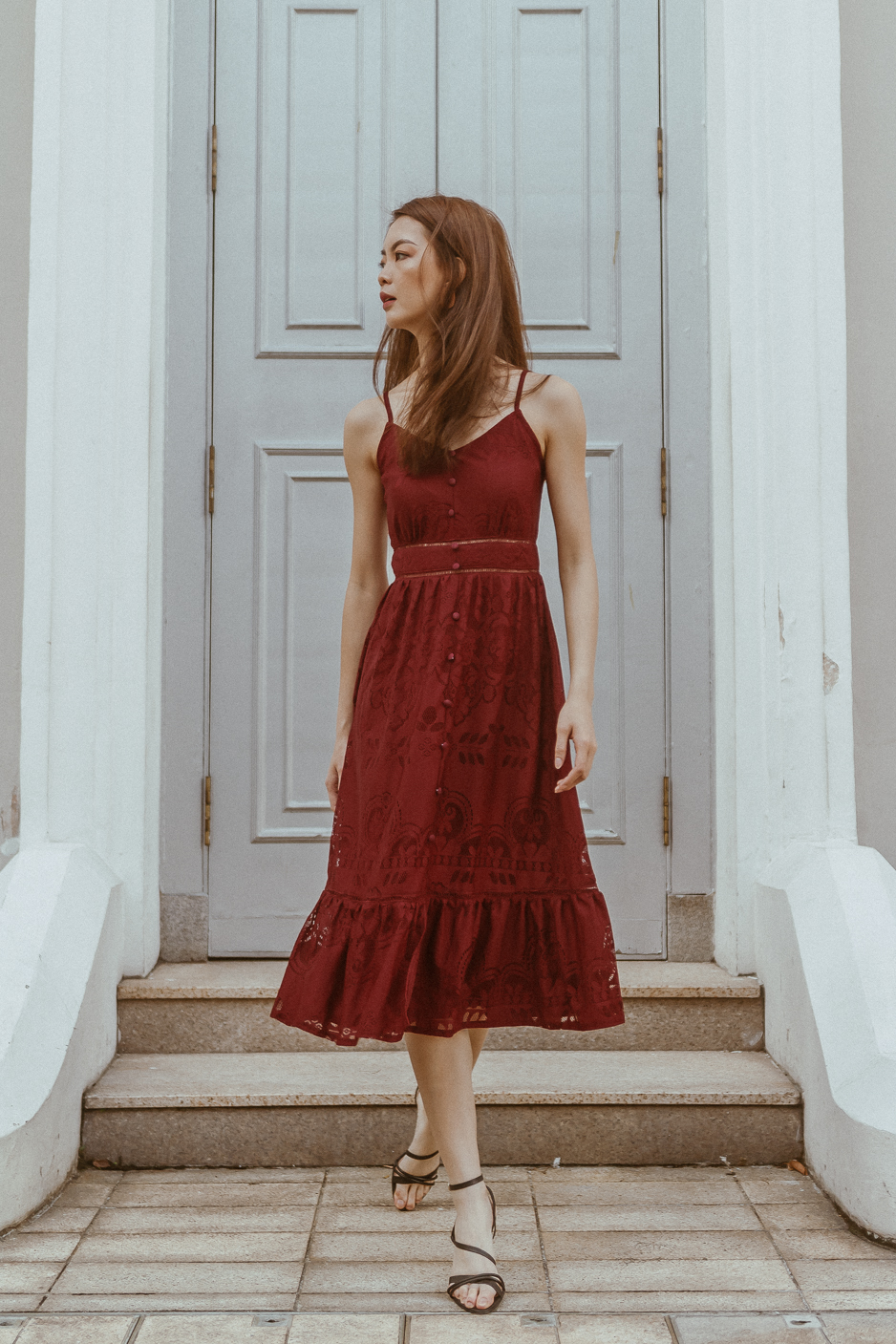 WINSTON LACE PANEL MIDI DRESS (WINE RED) | Danity Roses