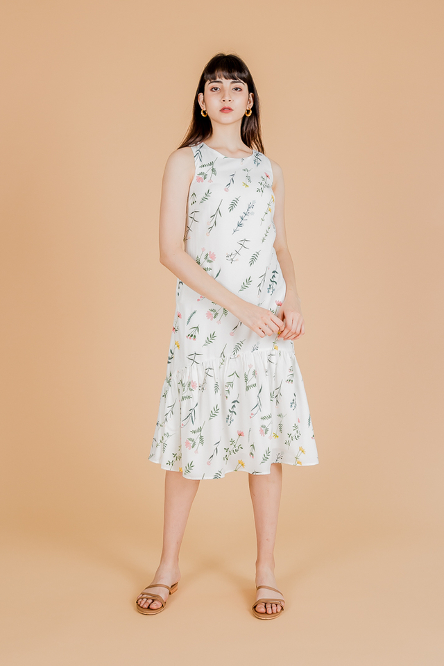 FOLIAGE FLORAL BELTED MIDI DRESS (WHITE)