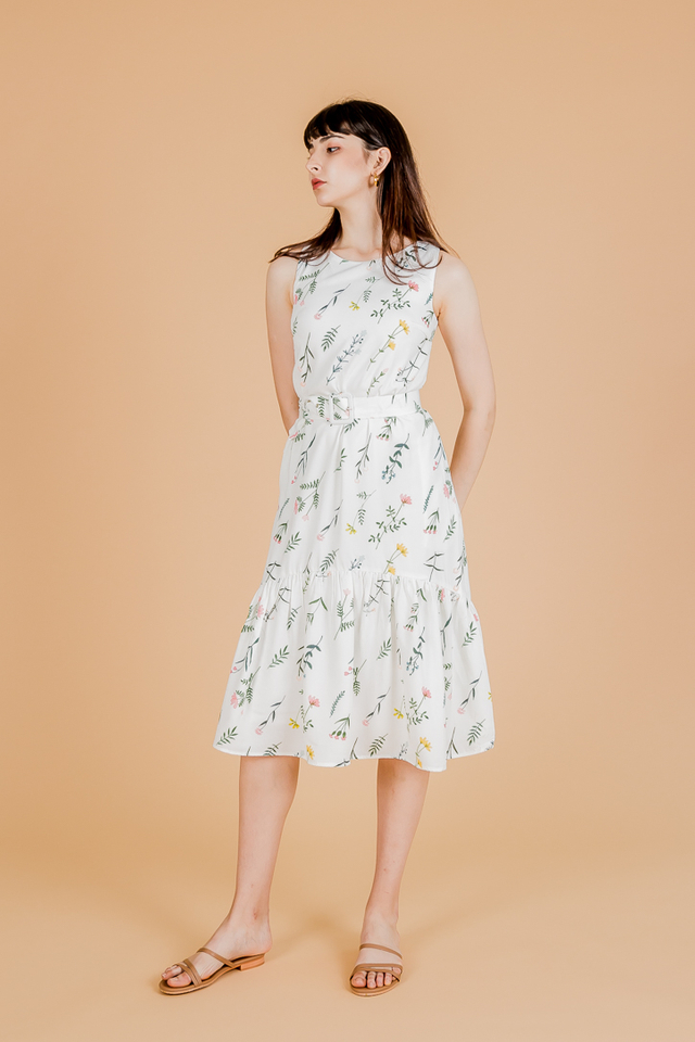 FOLIAGE FLORAL BELTED MIDI DRESS (WHITE)